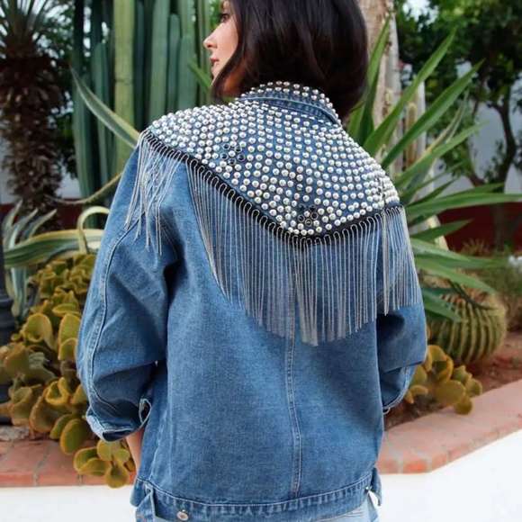Jackets & Blazers - Western Vintage Wash Denim Studded Fringe Jean Jacket